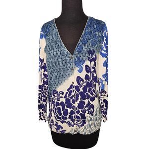 CHARLOTTE TARANTOLA Floral Silk Blend Cardigan Sweater Small? Blue Lightweight